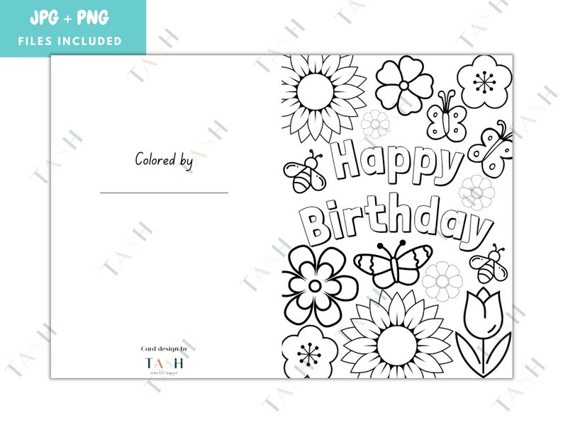 Happy Birthday Printable Coloring Card/ Kids Coloring Card/ Flowers and