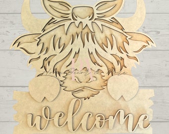 Highland Cow Door Hanger,  Laser Cutout, Farmhouse Decor, DIY Paint Project