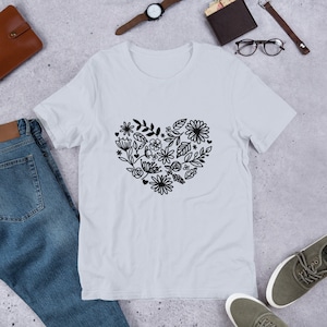Black Floral Heart Graphic Tee, Botanical Design, Gift for Her, Teacher Shirt