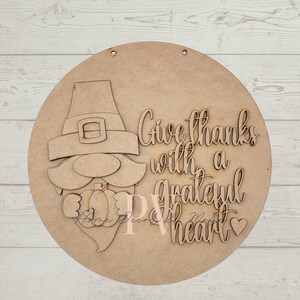 Grateful Pilgrim Gnome Door Round, Laser Cutout, Housewarming Gift, Thanksgiving Decor, Wall Hanging