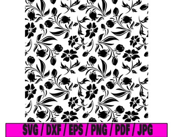 May include: Black and white floral pattern with a repeating design of stylized flowers and leaves.