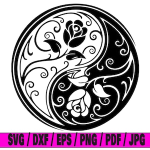 Puede incluir: Símbolo yin yang en blanco y negro con diseños florales estilizados y rosas. El símbolo es circular y tiene un fondo blanco y negro.