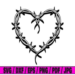 May include: A black and white illustration of a barbed wire heart. The barbed wire is in the shape of a heart.
