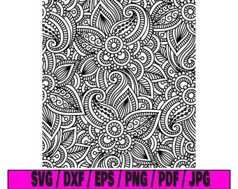 May include: Black and white intricate paisley pattern design. The pattern is made up of repeating swirls, leaves, and flowers.