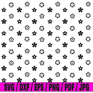 Puede incluir: Un patrón sin costuras con un diseño repetitivo de estrellas negras, círculos y flores de cuatro pétalos sobre un fondo blanco.