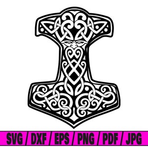 May include: Black and white illustration of a stylised Mjolnir, Thor's hammer, with intricate knotwork designs.