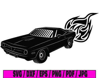 May include: Black silhouette of a classic muscle car with flames coming out of the exhaust pipe. The car is facing the left side of the image.