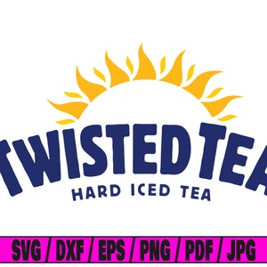 May include: A graphic design featuring the text "TWISTED TEA HARD ICED TEA" in a blue font with a yellow sun graphic above the text.