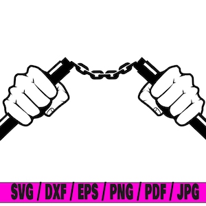 May include: Black and white illustration of two hands holding a pair of nunchaku, a traditional weapon consisting of two sticks connected by a chain.