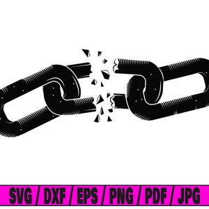 Puede incluir: Una ilustración en blanco y negro de un eslabón de cadena roto. El eslabón está roto en varias piezas, con las piezas dispersas alrededor del eslabón.