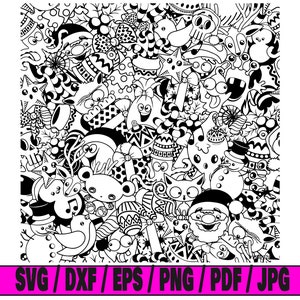 May include: Black and white doodle illustration of a Christmas scene with various characters and objects, including Santa Claus, a snowman, a reindeer, a cat, a bird, and a variety of holiday decorations.