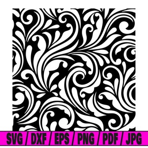 May include: Black and white floral pattern design. The design features swirling, stylized leaves and curls. The bottom of the image contains the text "SVG / DXF / EPS / PNG / PDF / JPG" in a pink rectangle.