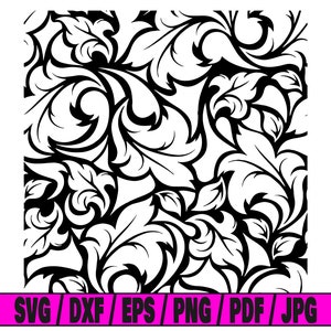 May include: Black and white intricate floral pattern with swirling leaves and vines. The design is seamless and can be used for various crafting projects.