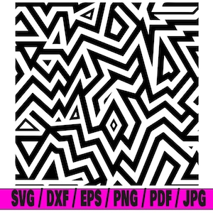 May include: Black and white geometric pattern with a repeating design of zigzags, triangles, and squares. The pattern is seamless and can be used for a variety of projects, such as fabric, wallpaper, or digital design.