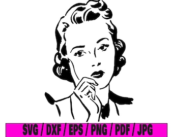 May include: Black and white line art illustration of a woman with her chin resting on her hand, looking thoughtful.