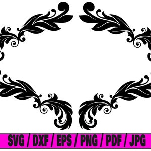 May include: A black and white decorative frame with a floral design. The frame is symmetrical and has a square shape.