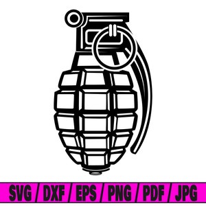 May include: Black and white illustration of a grenade with a pin.