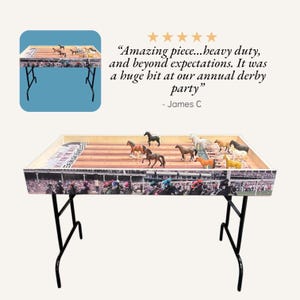 May include: A wooden horse racing game with a racetrack design and miniature horses. The game is set up on a folding table with black legs. The game is a fun and interactive way to enjoy a derby party.