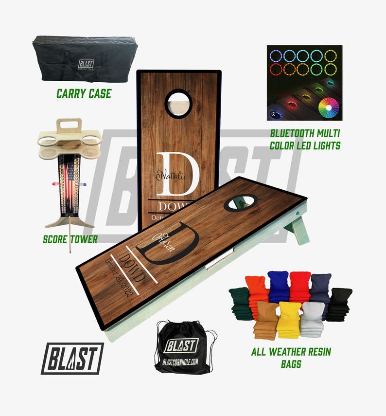 May include: A personalized cornhole set with a wooden board, a score tower, a carry case, and a set of bean bags. The board has a custom design with the names "Natalie" and "Jason" and the date "October 29, 2022". The set also includes multi-color LED lights that can be controlled via Bluetooth.