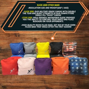 May include: Set of 10 regulation size cornhole bags. The bags are made of durable canvas and microfiber suede. The bags are in various colors, including red, yellow, blue, gray, and pink. The bags are labeled with the text "MAB CORNHOLE".