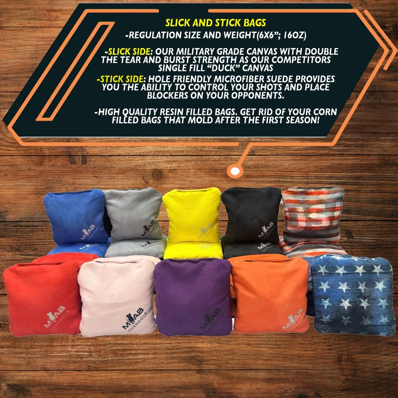 May include: Set of 10 regulation size cornhole bags. The bags are made of durable canvas and microfiber suede. The bags are in various colors, including red, yellow, blue, gray, and pink. The bags are labeled with the text "MAB CORNHOLE".