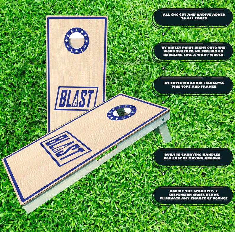 May include: A wooden cornhole game with a blue and white star design. The game is called "BLAST" and has built-in carrying handles. The game is made of 3/4 inch exterior grade radiatta pine.