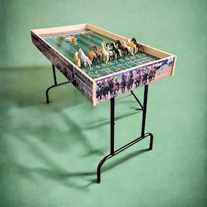 May include: A wooden tabletop horse racing game with a green felt track and colorful plastic horses. The game is set up on a black folding table with a green felt surface. The game includes a dice and a finish line.