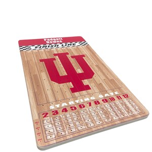 May include: A wooden game board with a red Indiana University logo and a basketball court design. The board has a starting gate with numbers 2 through 12 and a finish line. The game is called "Padgett Downs".