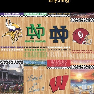 May include: A collage of images featuring different sports team logos and mascots, including the North Dakota Fighting Hawks, the Notre Dame Fighting Irish, the Wisconsin Badgers, the Oklahoma Sooners, and the Minnesota Vikings. The images are arranged in a grid pattern on a wooden background. The text "Starting Gate" and "Finish Line" appears on several of the images.