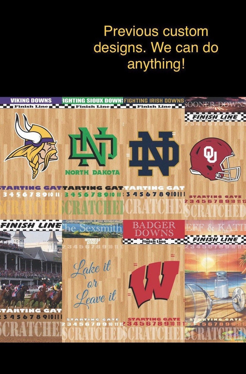 May include: A collage of images featuring different sports team logos and mascots, including the North Dakota Fighting Hawks, the Notre Dame Fighting Irish, the Wisconsin Badgers, the Oklahoma Sooners, and the Minnesota Vikings. The images are arranged in a grid pattern on a wooden background. The text "Starting Gate" and "Finish Line" appears on several of the images.