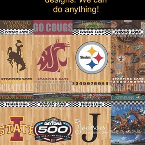 May include: A collage of different sports team logos and race track designs. The logos include the Wyoming Cowboys, Washington State Cougars, Pittsburgh Steelers, and the Daytona 500. The race track designs include the Indianapolis Motor Speedway and a horse racing track.