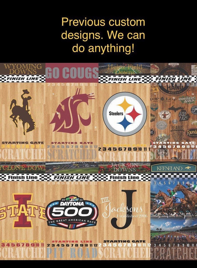 May include: A collage of different sports team logos and race track designs. The logos include the Wyoming Cowboys, Washington State Cougars, Pittsburgh Steelers, and the Daytona 500. The race track designs include the Indianapolis Motor Speedway and a horse racing track.