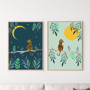 Tiger Art Print, Sun Moon Print Set, Set of 2 Prints