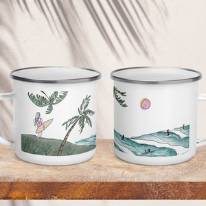 Tazza smaltata da surf, tazza piccola da falò, ragazza surfista, tazza da surf