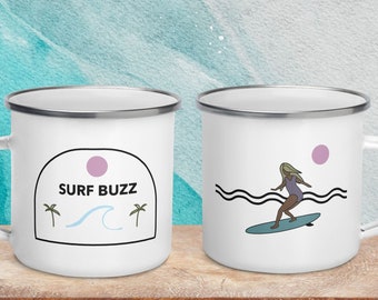 Surfer Girl Enamel Mug, Surf Buzz Coffee Mug, Gift for Surfers