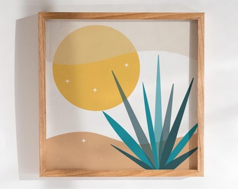 Boho agave vierkante print, abstracte woestijnposter, moderne woestijnmuurkunst