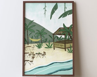 Tropical Cafe Artwork, Beach Illustration, Tropical Wall Art