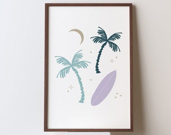 Surfboard Poster, Boho Beach Print, Surf Moon Wall Art