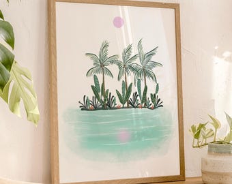 Boho Tropical Wall Art, nadruk z palmą, grafika z tropikalną plażą