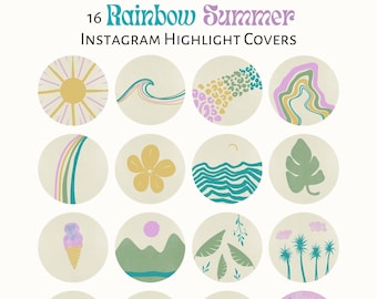 Puede incluir: Conjunto de 16 cubiertas de destacados de Instagram con un tema de verano arcoíris. Las cubiertas incluyen varias ilustraciones como un sol, olas, una flor, una hoja, helado, montañas, palmeras, una dona, y más. Las cubiertas están en una paleta de colores pastel con un fondo beige.