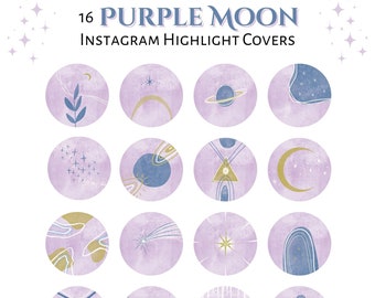 Instagram Highlight Covers, Purple Moon Celestial Icons, Cosmic Icons