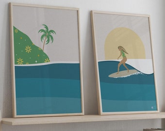 Boho Surf Illustration, Surfer Girl Wall Art, Set of 2 Posters, Escape to Paradise