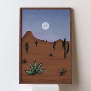Desert Night Art Print, Cactus Night Sky, Desert Landscape Poster
