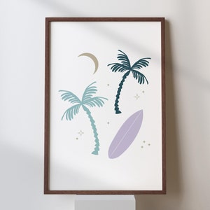 Palm Tree Surf Poster, Boho Beach Print, Surf Moon Wall Art