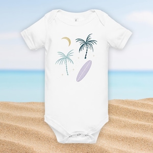 Boho Surf Baby Onesie – Beach Baby Outfit with Surfboard, Palm Trees & Moon