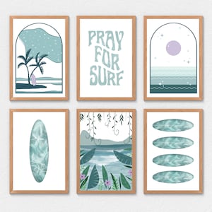 Surf Posters, Pray For Surf, Boho Beach Wall Art, Set of 6 Prints