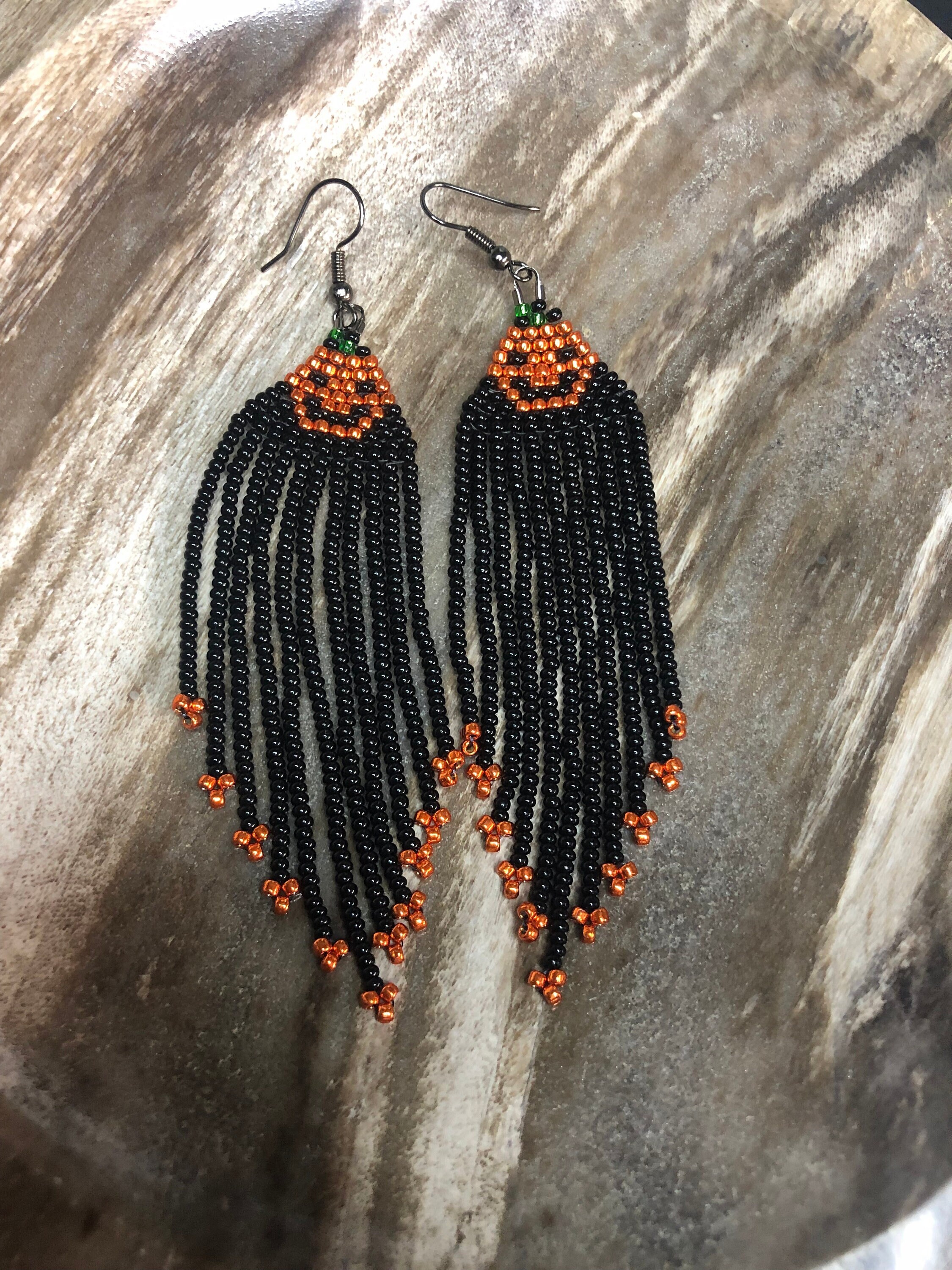 Halloween Pumpkin Beaded Fringe Earrings