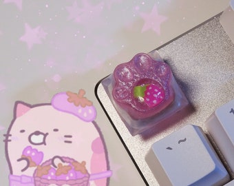 Paw keycap | Cute pink strawberry | Artisan resin keycap | OEM Cherry MX Gateron Kailh