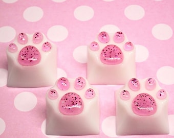 Graziosi tasti / Set di tasti a forma di zampa con glitter bianchi e rosa / Artigianali / OEM CHERRY MX