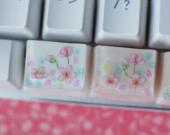 1.25U Sakura keycaps | Keyboard caps | Cherry blossoms and raindrops key caps for bottom row (Ctrl, Alt, Win)